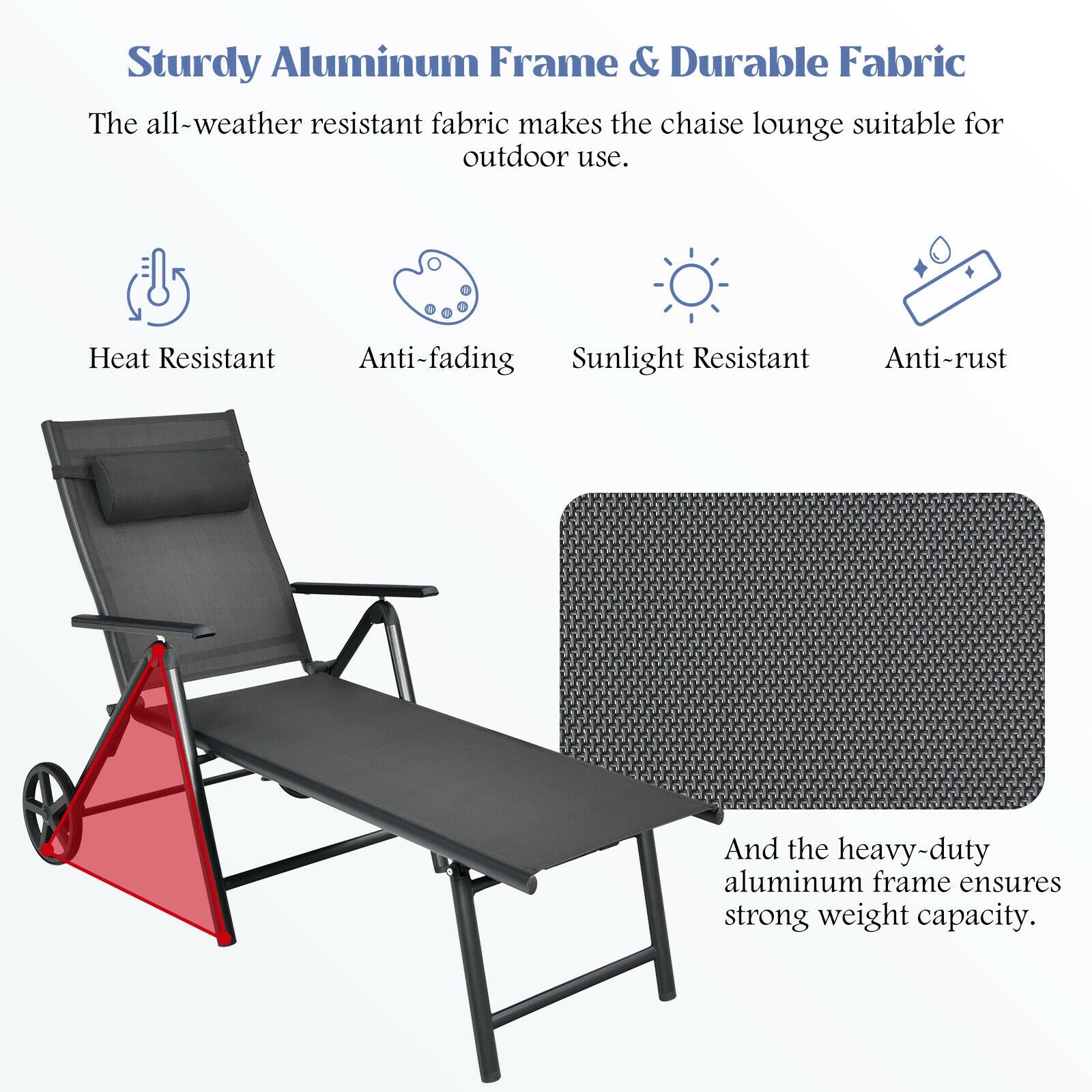 Patio Lounge Chair, Adjustable Aluminum Frame, Wheels, Neck Pillow, Gray Outdoor Chaise Lounges at Gallery Canada