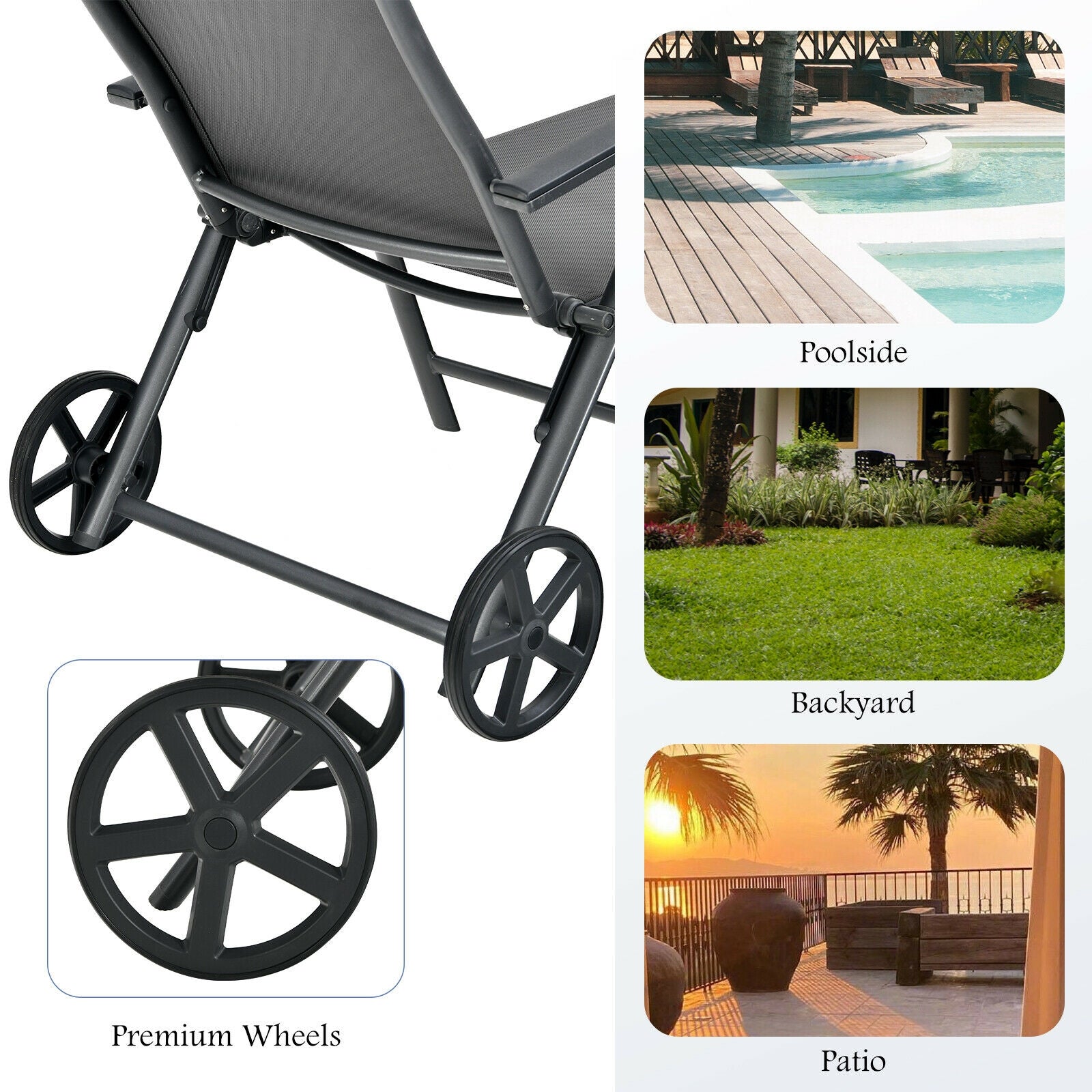 Patio Lounge Chair, Adjustable Aluminum Frame, Wheels, Neck Pillow, Gray Outdoor Chaise Lounges at Gallery Canada