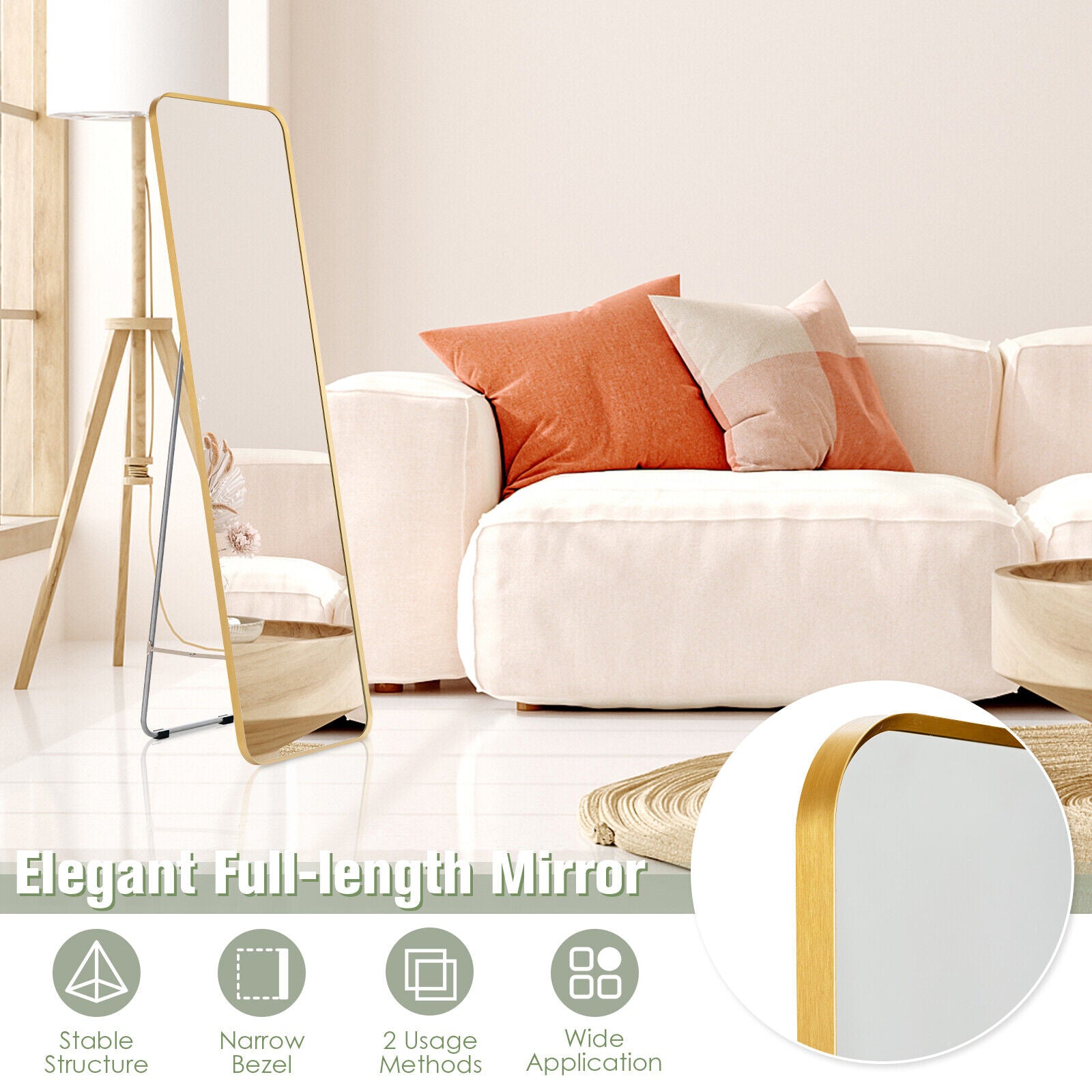 Full Length Wall Mounted Hanging Mirror, Golden Floor Mirrors at Gallery Canada