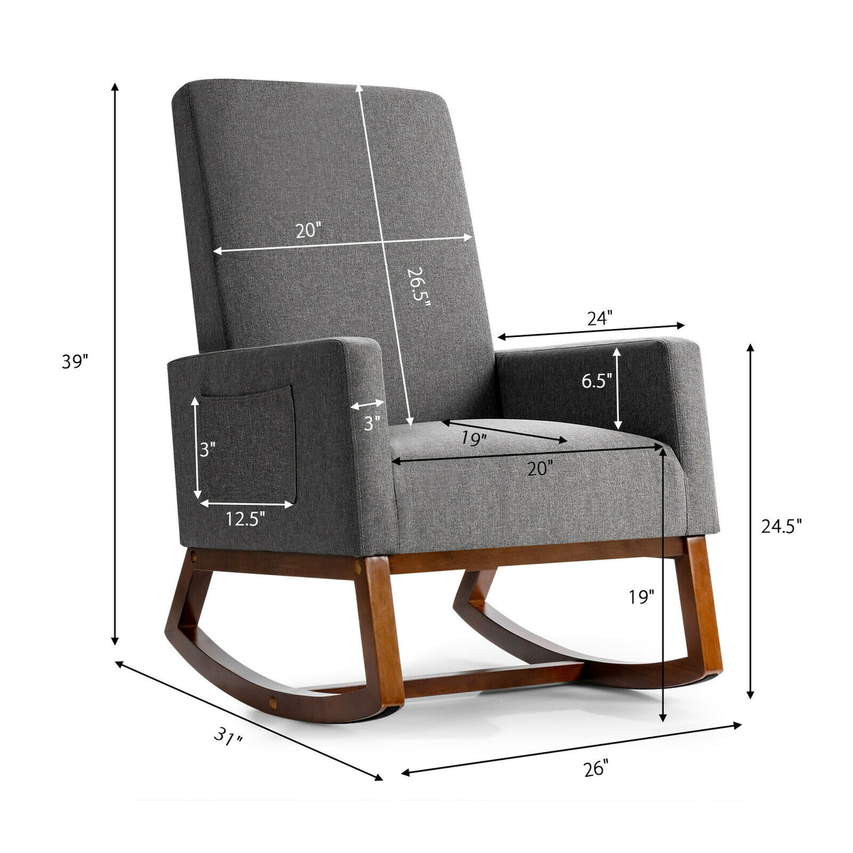 Rocking High Back Upholstered Lounge Armchair, Gray Accent Chairs at Gallery Canada