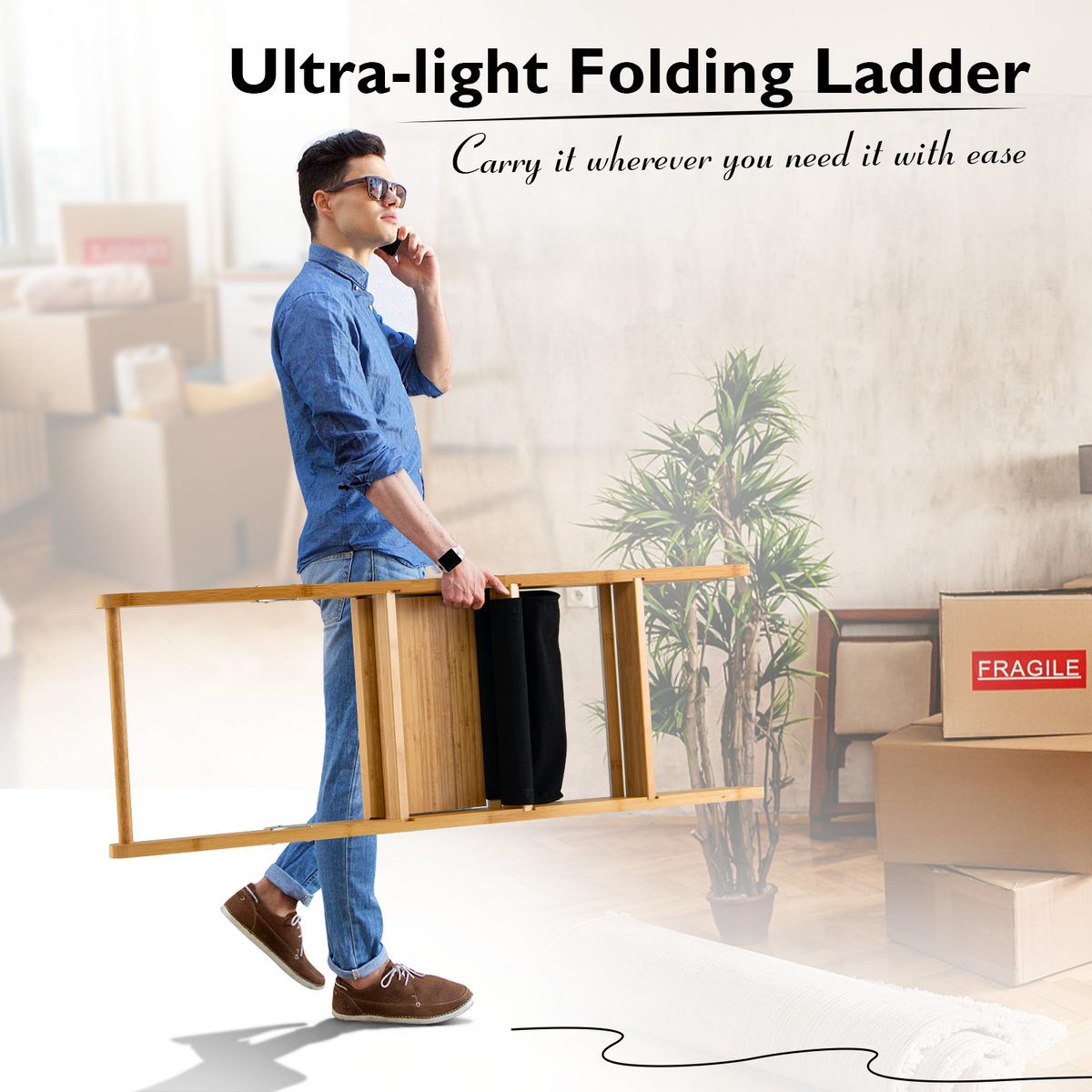 3 Step Foldable Bamboo Ladder Stool, Natural Ladders at Gallery Canada