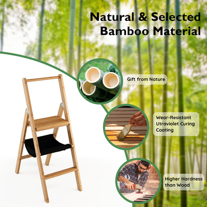 3 Step Foldable Bamboo Ladder Stool, Natural Ladders at Gallery Canada