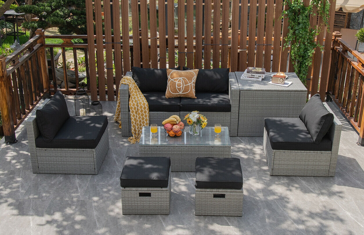8 Piece Patio Rattan Furniture Set, Storage Cover, Cushion, Black Outdoor Sectionals at Gallery Canada