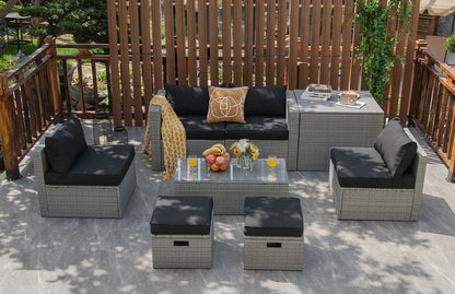 8 Piece Patio Rattan Furniture Set, Storage Cover, Cushion, Black Outdoor Sectionals at Gallery Canada