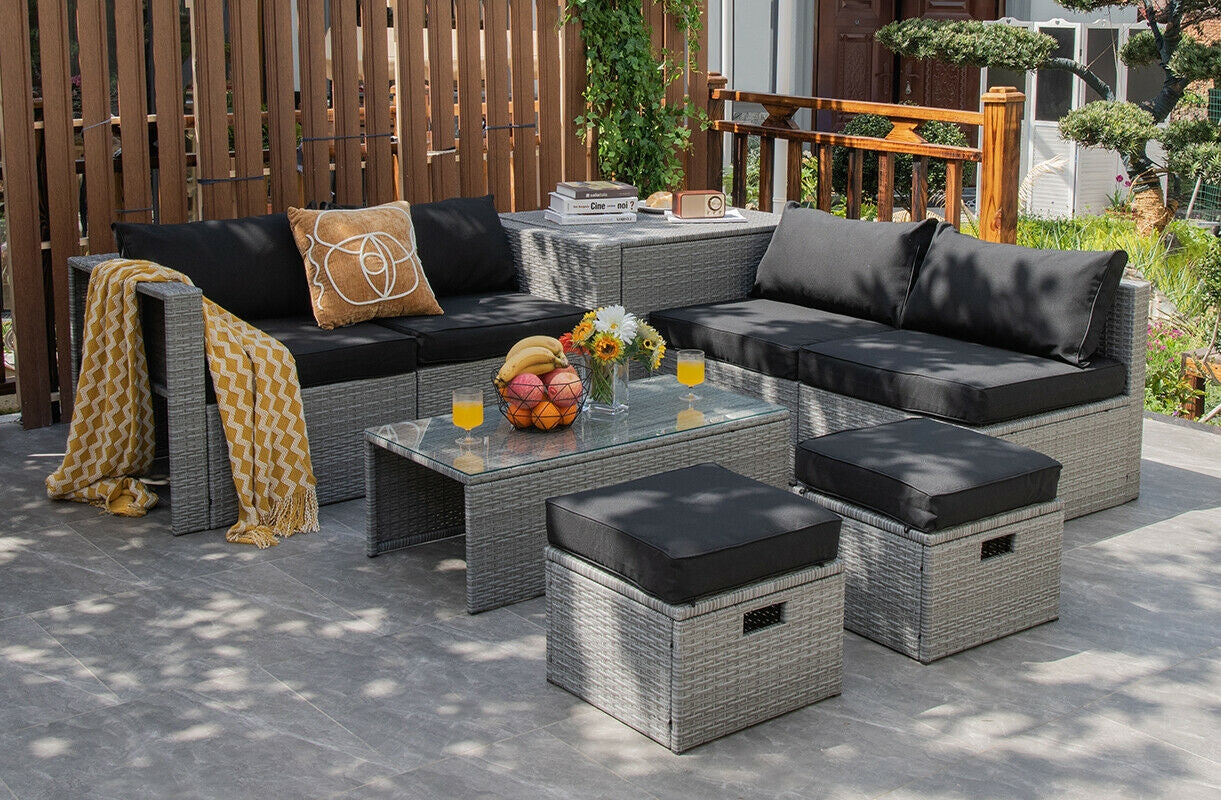 8 Piece Patio Rattan Furniture Set, Storage Cover, Cushion, Black Outdoor Sectionals at Gallery Canada