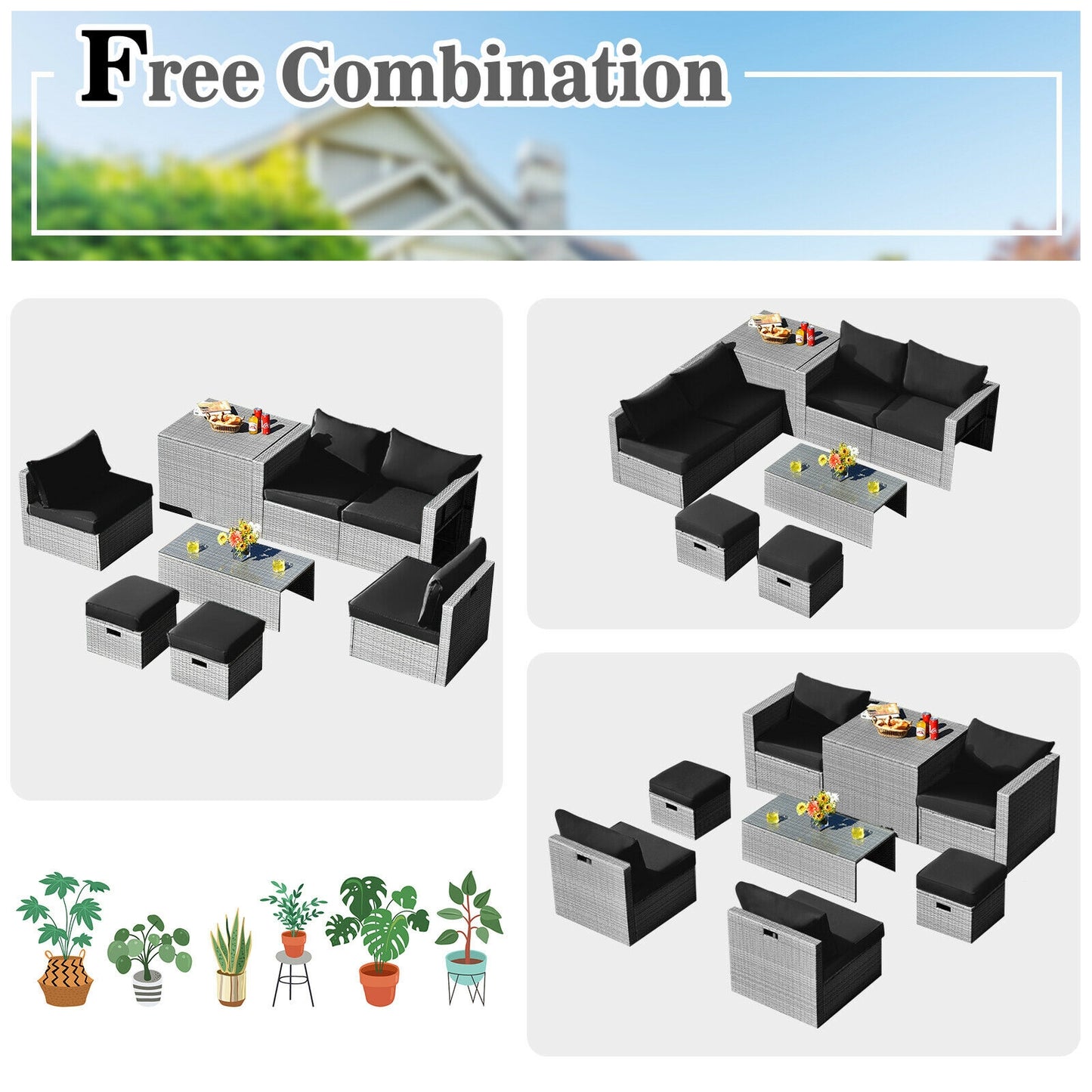 8 Piece Patio Rattan Furniture Set, Storage Cover, Cushion, Black Outdoor Sectionals at Gallery Canada