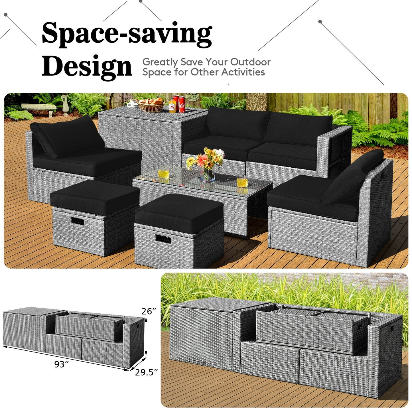 8 Piece Patio Rattan Furniture Set, Storage Cover, Cushion, Black Outdoor Sectionals at Gallery Canada