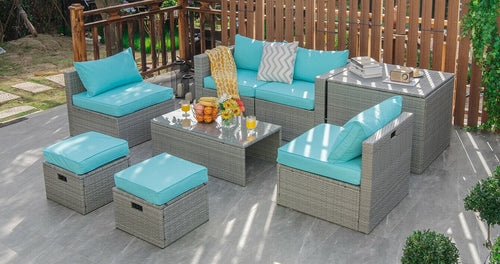 8-Piece Patio Rattan Furniture Set, With Storage Cover, Cushion, Turquoise