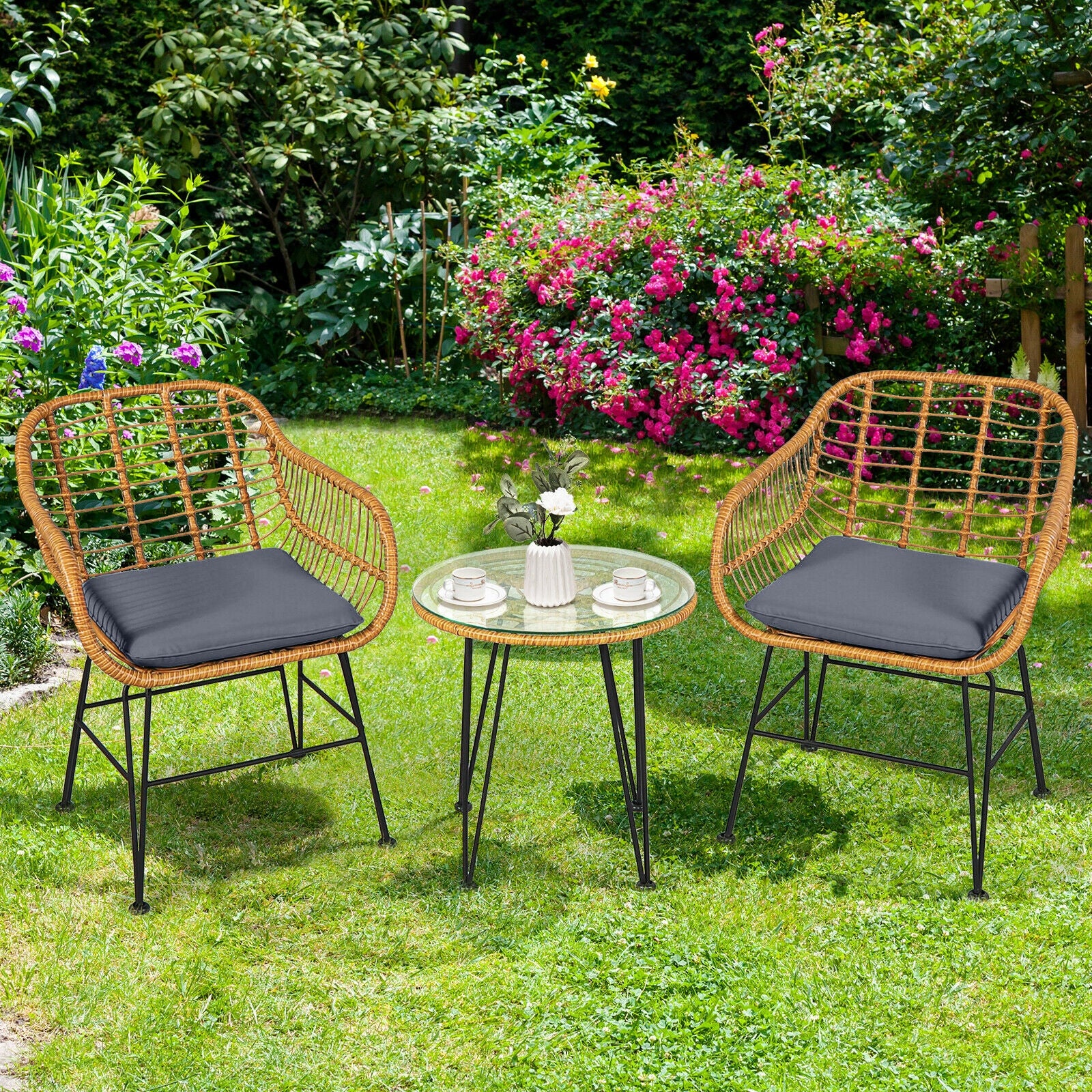 3 Piece Rattan Furniture Set, Cushioned Chair Table, Gray Patio Conversation Sets at Gallery Canada