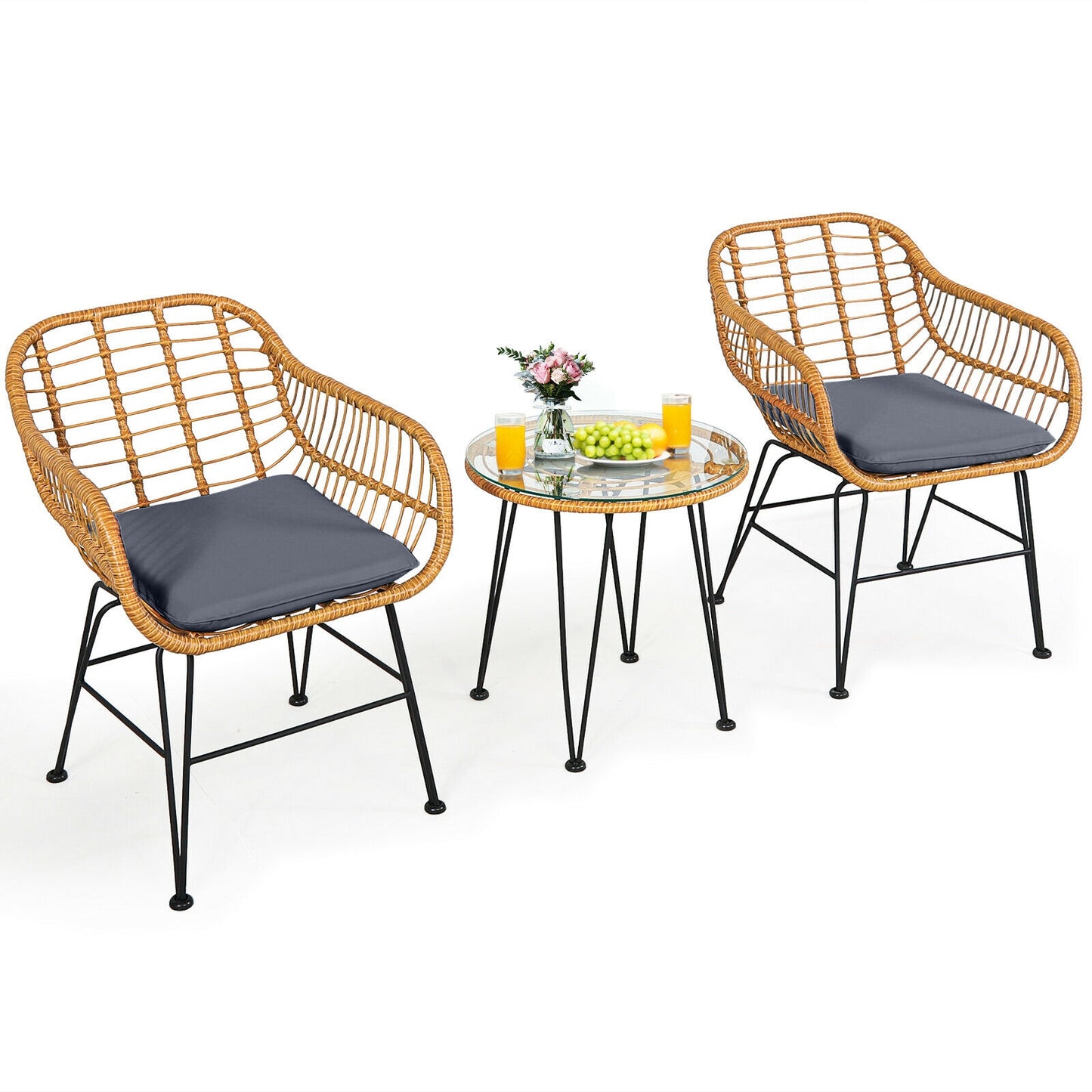 3 Piece Rattan Furniture Set, Cushioned Chair Table, Gray Patio Conversation Sets at Gallery Canada