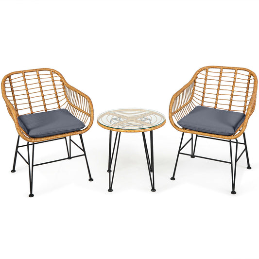 3 Piece Rattan Furniture Set, Cushioned Chair Table, Gray Patio Conversation Sets Gray at Gallery Canada