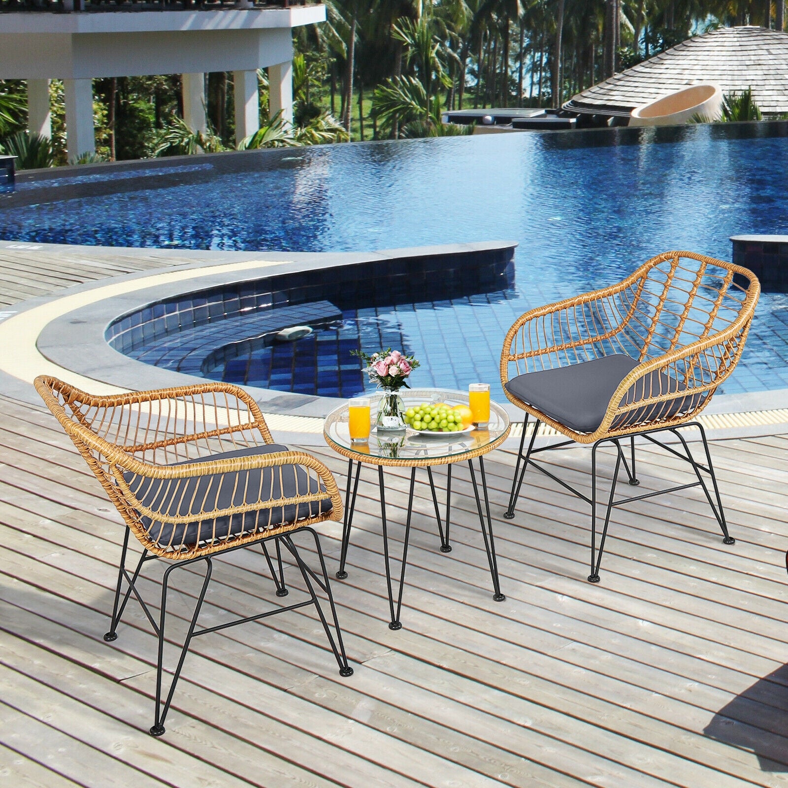 3 Piece Rattan Furniture Set, Cushioned Chair Table, Gray Patio Conversation Sets at Gallery Canada