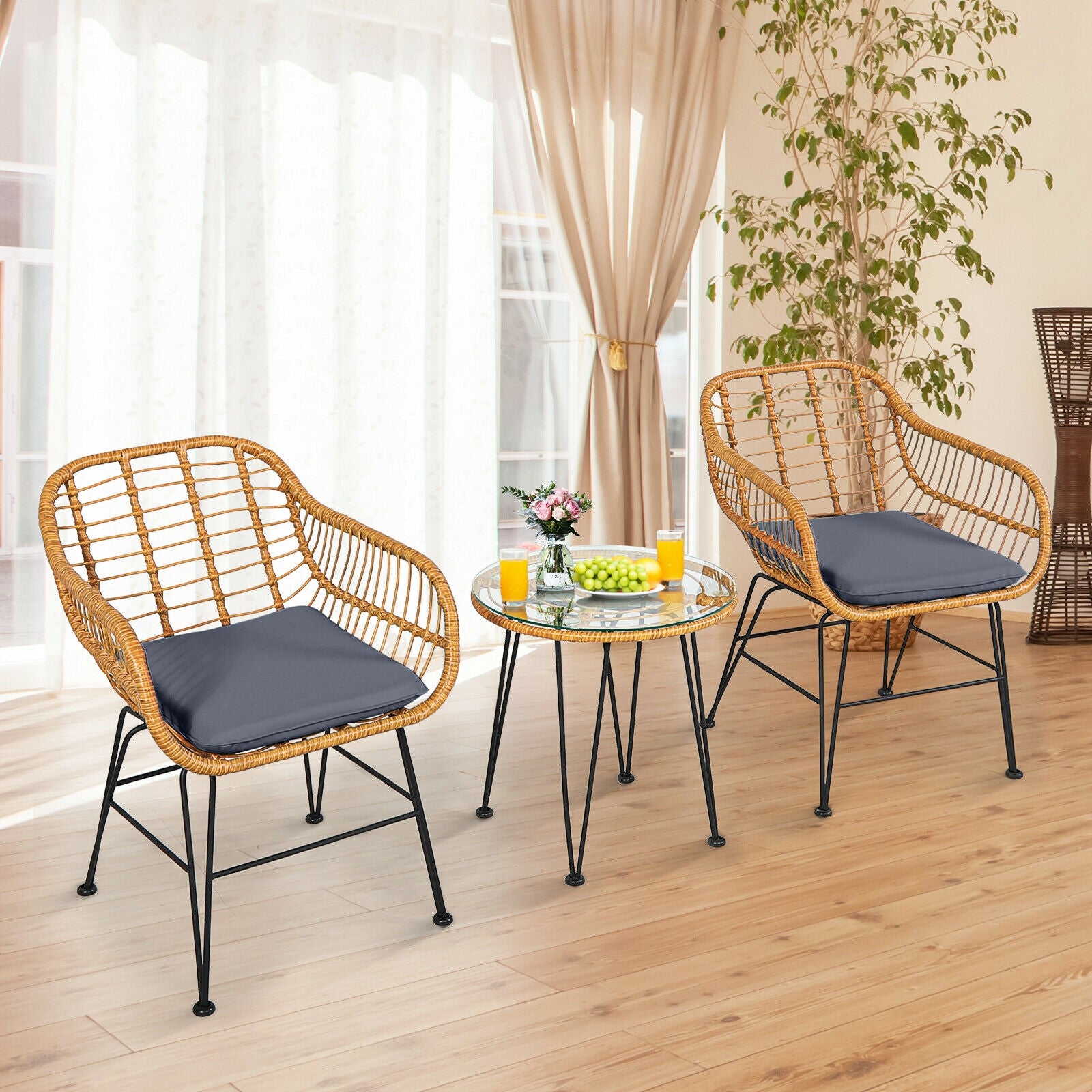 3 Piece Rattan Furniture Set, Cushioned Chair Table, Gray Patio Conversation Sets at Gallery Canada