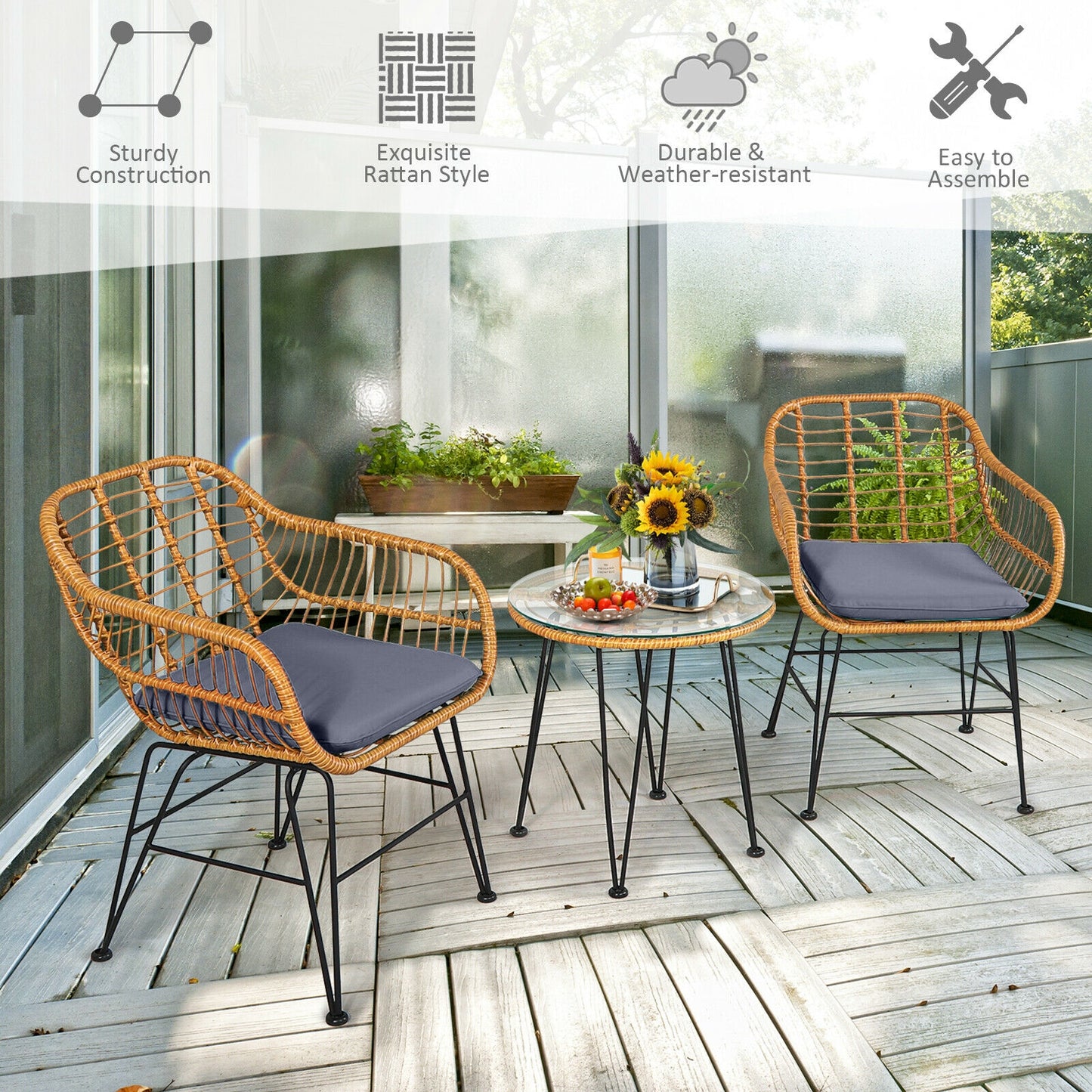 3 Piece Rattan Furniture Set, Cushioned Chair Table, Gray Patio Conversation Sets at Gallery Canada