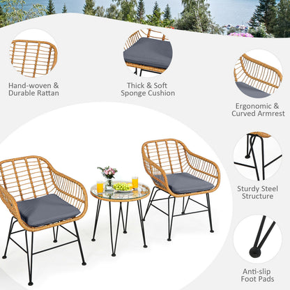 3 Piece Rattan Furniture Set, Cushioned Chair Table, Gray Patio Conversation Sets at Gallery Canada