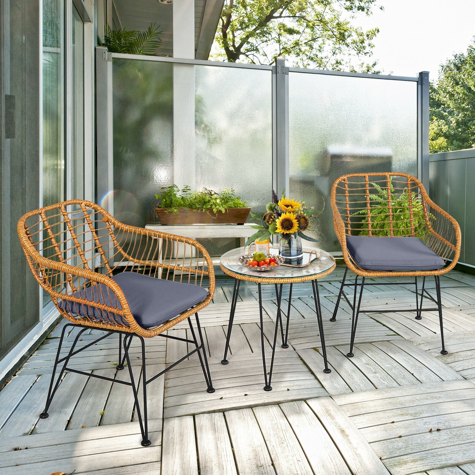 3 Piece Rattan Furniture Set, Cushioned Chair Table, Gray Patio Conversation Sets at Gallery Canada