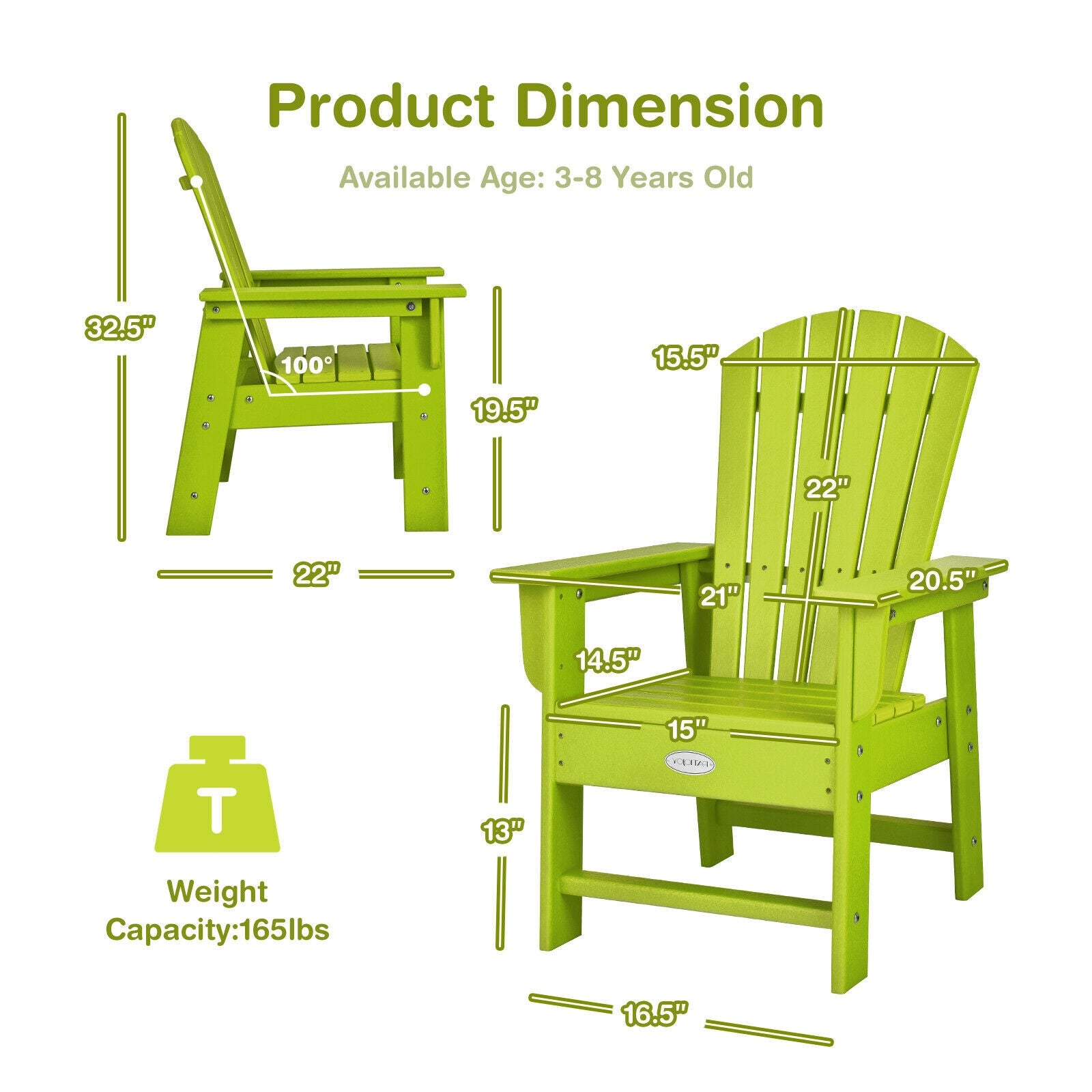 Kids Adirondack Chair, Ergonomic Backrest, Green Kids Chairs & Seating at Gallery Canada