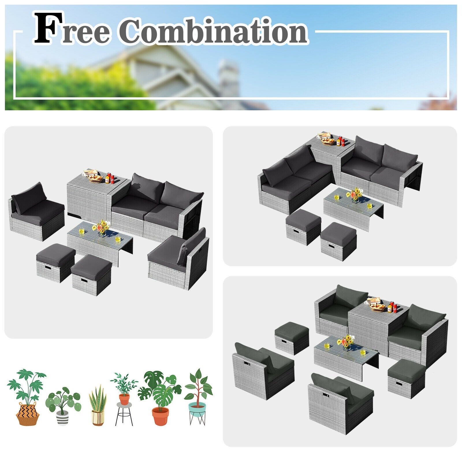 8-Piece Patio Rattan Furniture Set, With Storage Cover, Gray Outdoor Sectionals at Gallery Canada