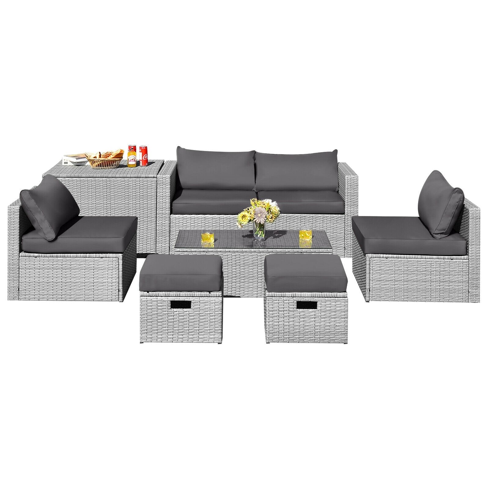 8-Piece Patio Rattan Furniture Set, With Storage Cover, Gray Outdoor Sectionals Gray at Gallery Canada