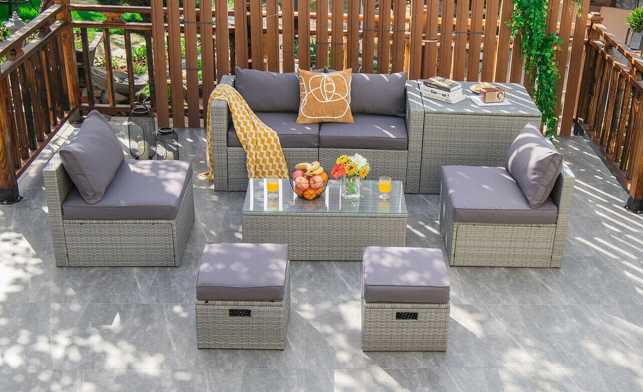 8-Piece Patio Rattan Furniture Set, With Storage Cover, Gray Outdoor Sectionals at Gallery Canada