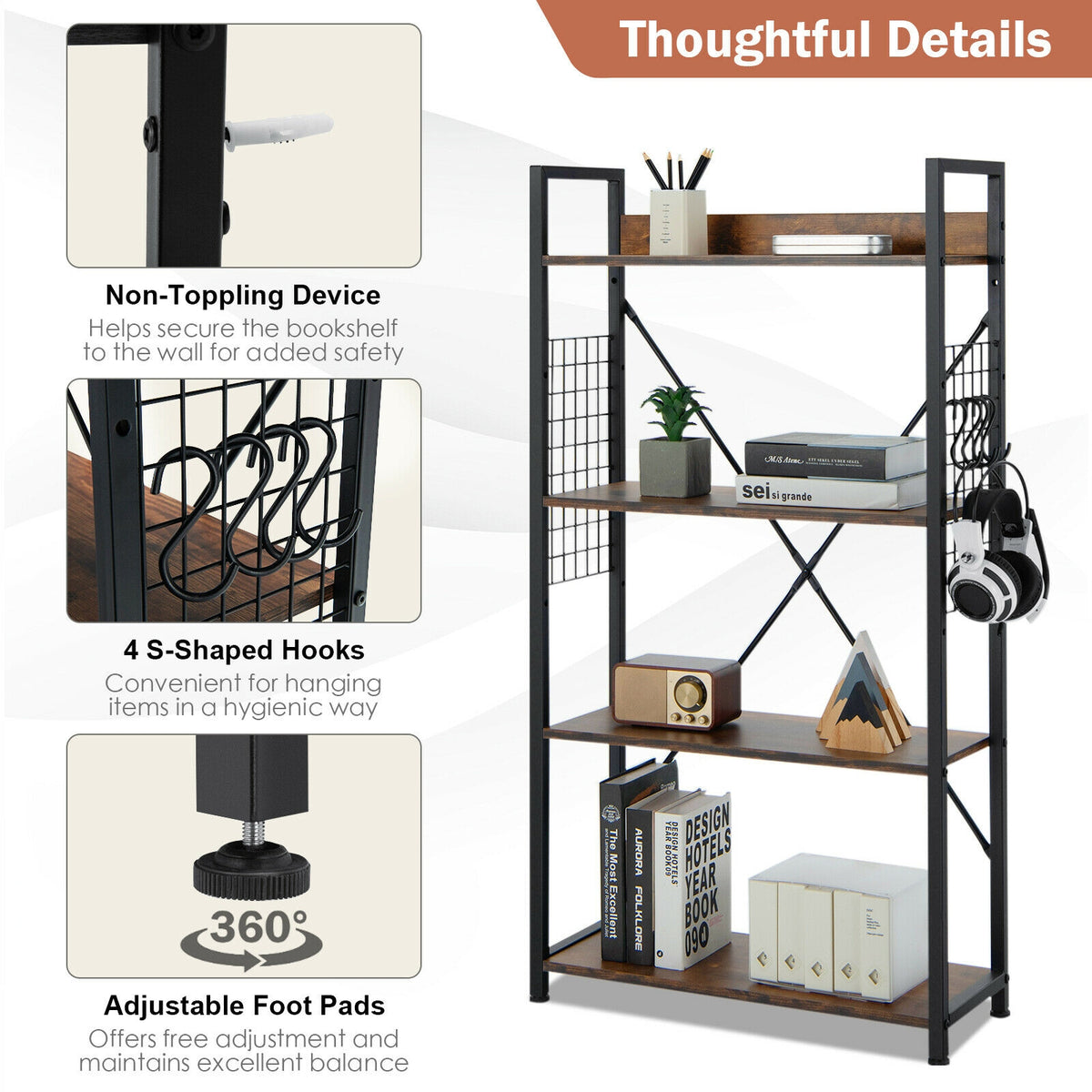 4-Tier Industrial Open Storage Bookshelf, Dark Brown Bookcases at Gallery Canada