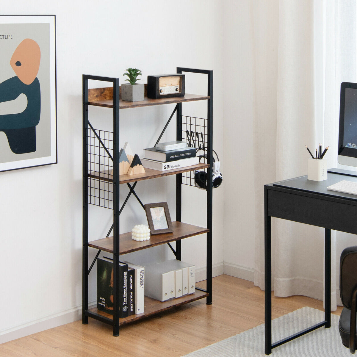 4-Tier Industrial Open Storage Bookshelf, Dark Brown Bookcases at Gallery Canada