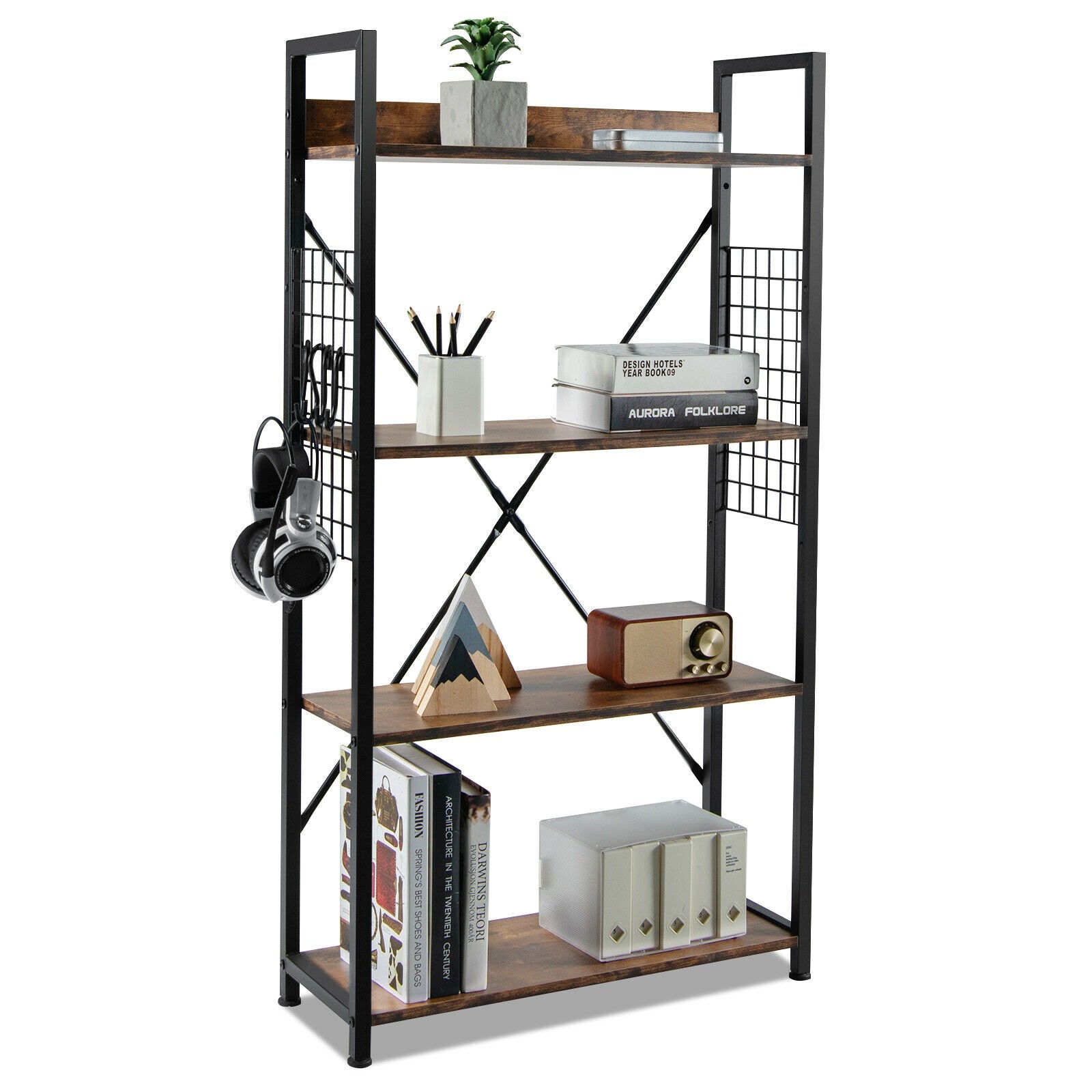 4-Tier Industrial Open Storage Bookshelf, Dark Brown Bookcases at Gallery Canada