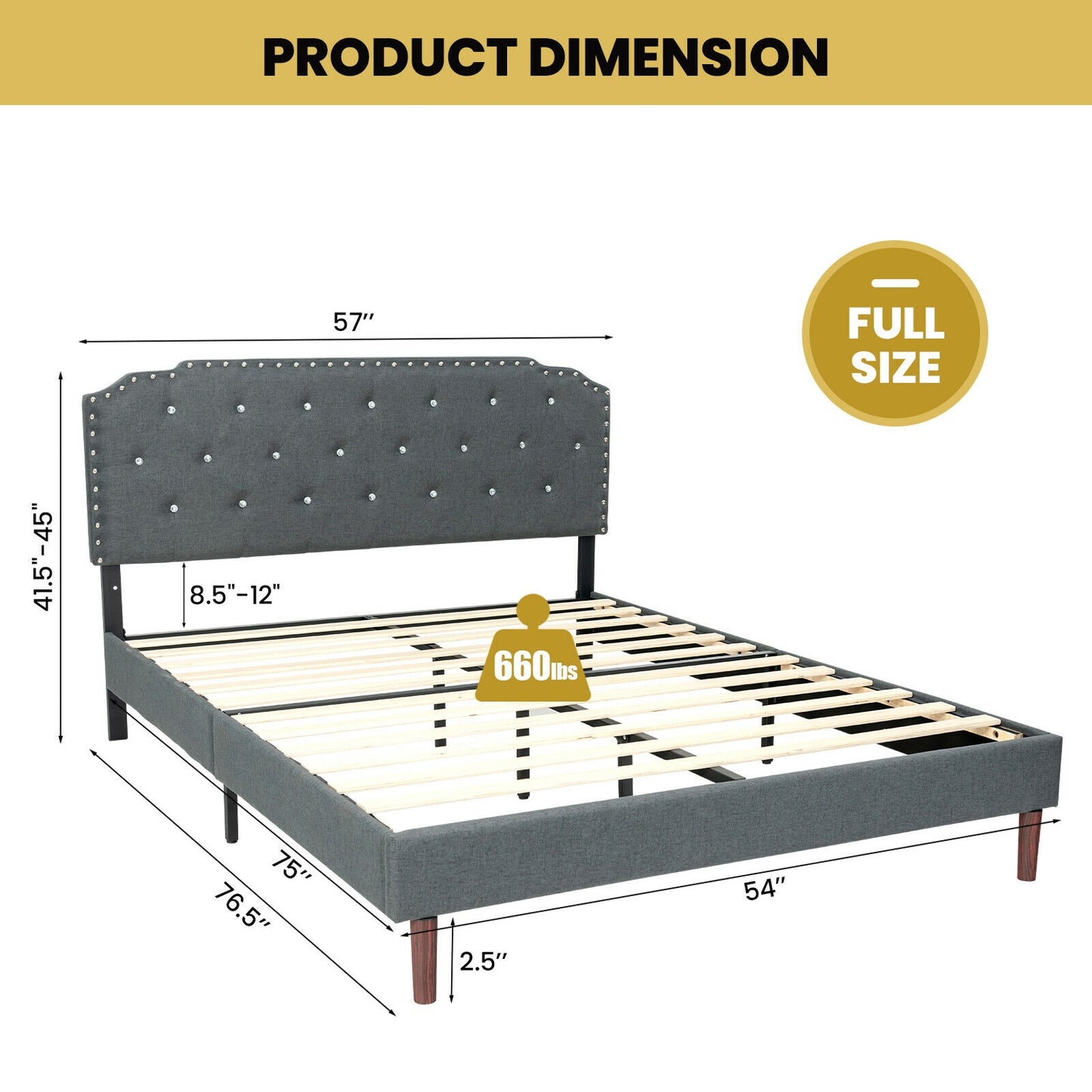 Upholstered Bed Frame, Adjustable Headboard, Full Size, Gray Simple Bed Frame at Gallery Canada