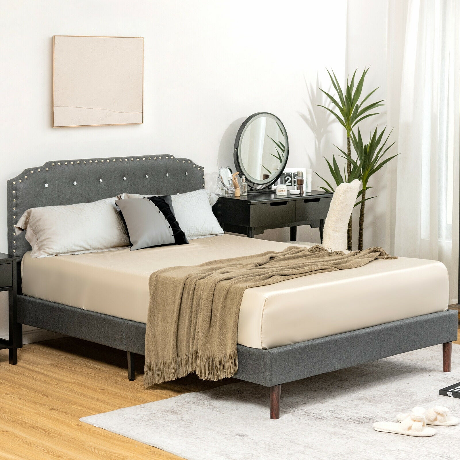 Upholstered Bed Frame, Adjustable Headboard, Full Size, Gray Simple Bed Frame at Gallery Canada