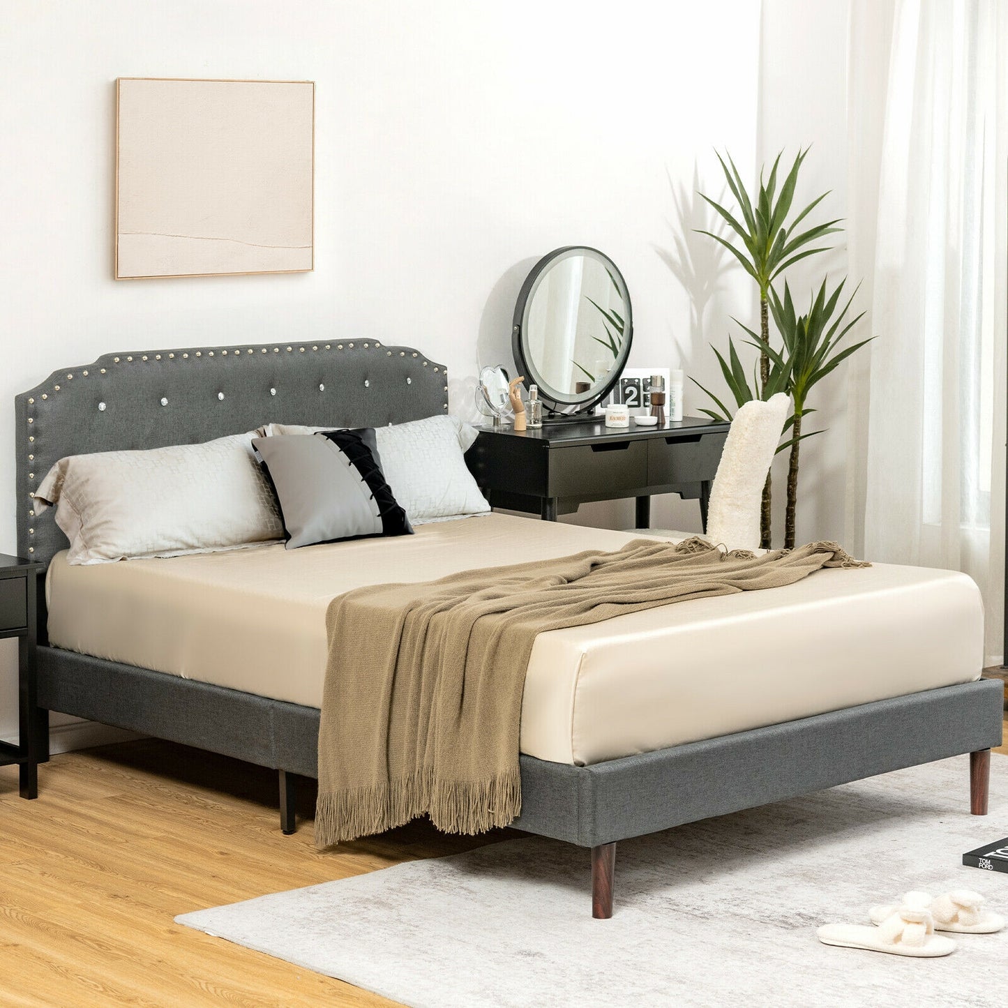Upholstered Bed Frame, Adjustable Headboard, Full Size, Gray Simple Bed Frame at Gallery Canada