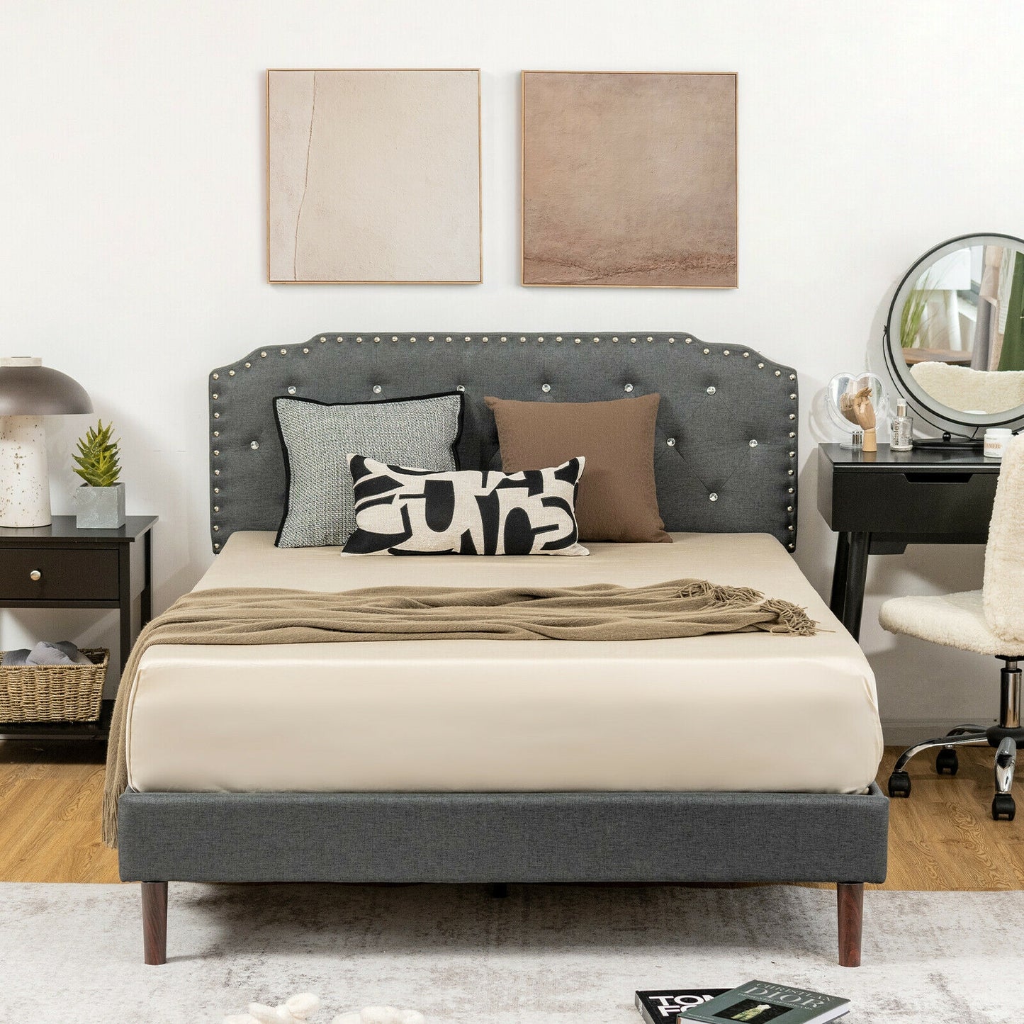 Upholstered Bed Frame, Adjustable Headboard, Full Size, Gray Simple Bed Frame at Gallery Canada
