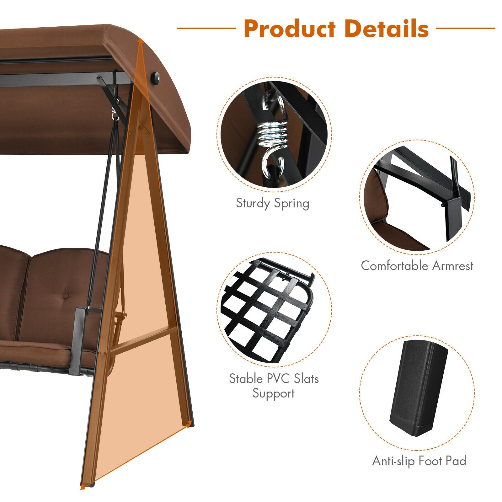 3-Seat Porch Swing, Adjustable Canopy, Cushions, Brown Porch Swings at Gallery Canada