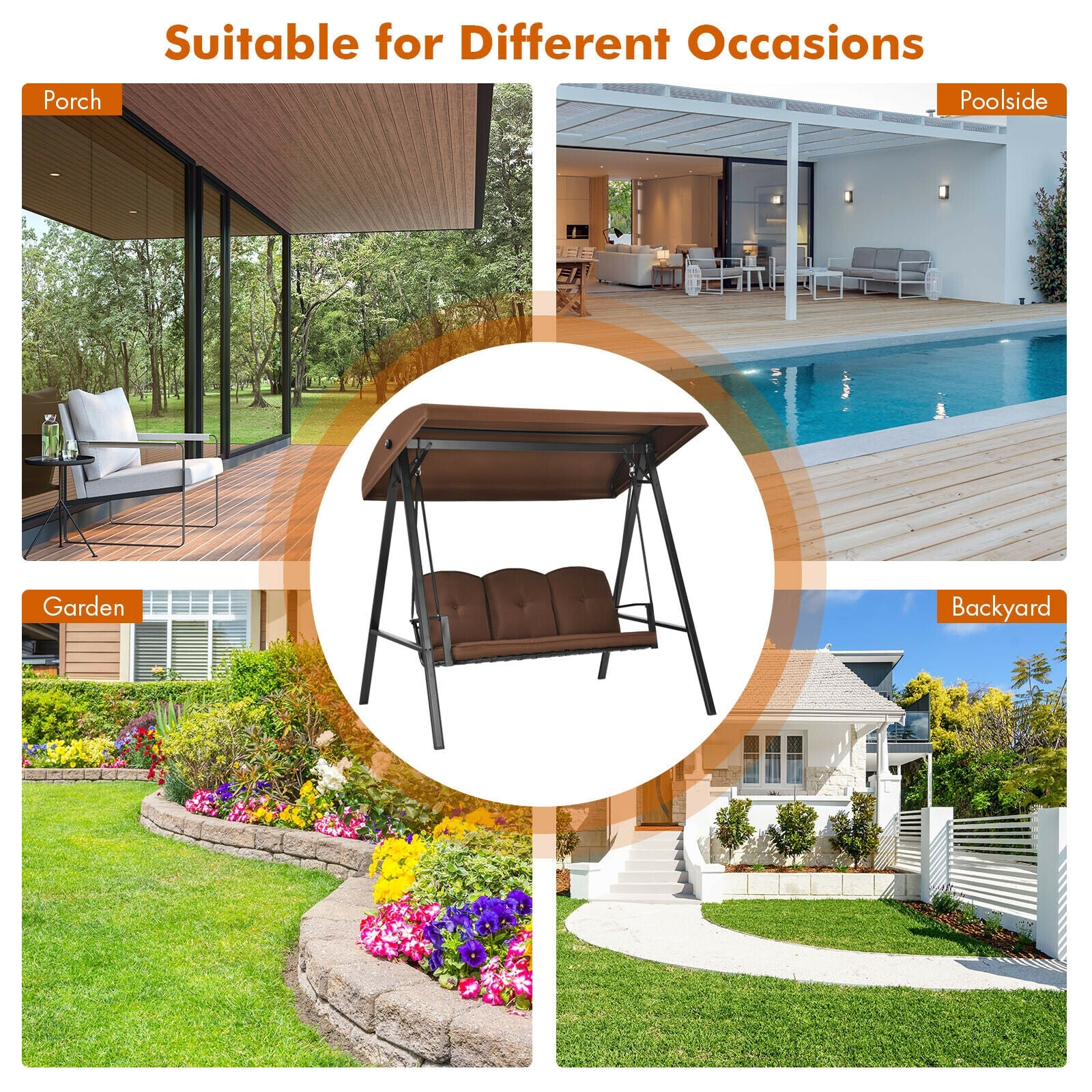 3-Seat Porch Swing, Adjustable Canopy, Cushions, Brown Porch Swings at Gallery Canada