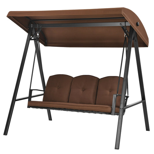3-Seat Porch Swing, Adjustable Canopy, Cushions, Brown Porch Swings Brown at Gallery Canada