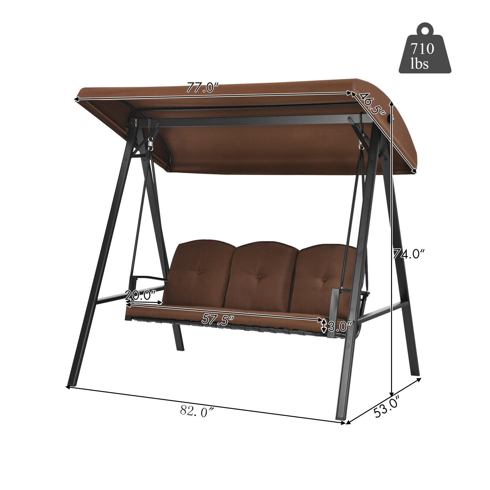 3-Seat Porch Swing, Adjustable Canopy, Cushions, Brown Porch Swings at Gallery Canada