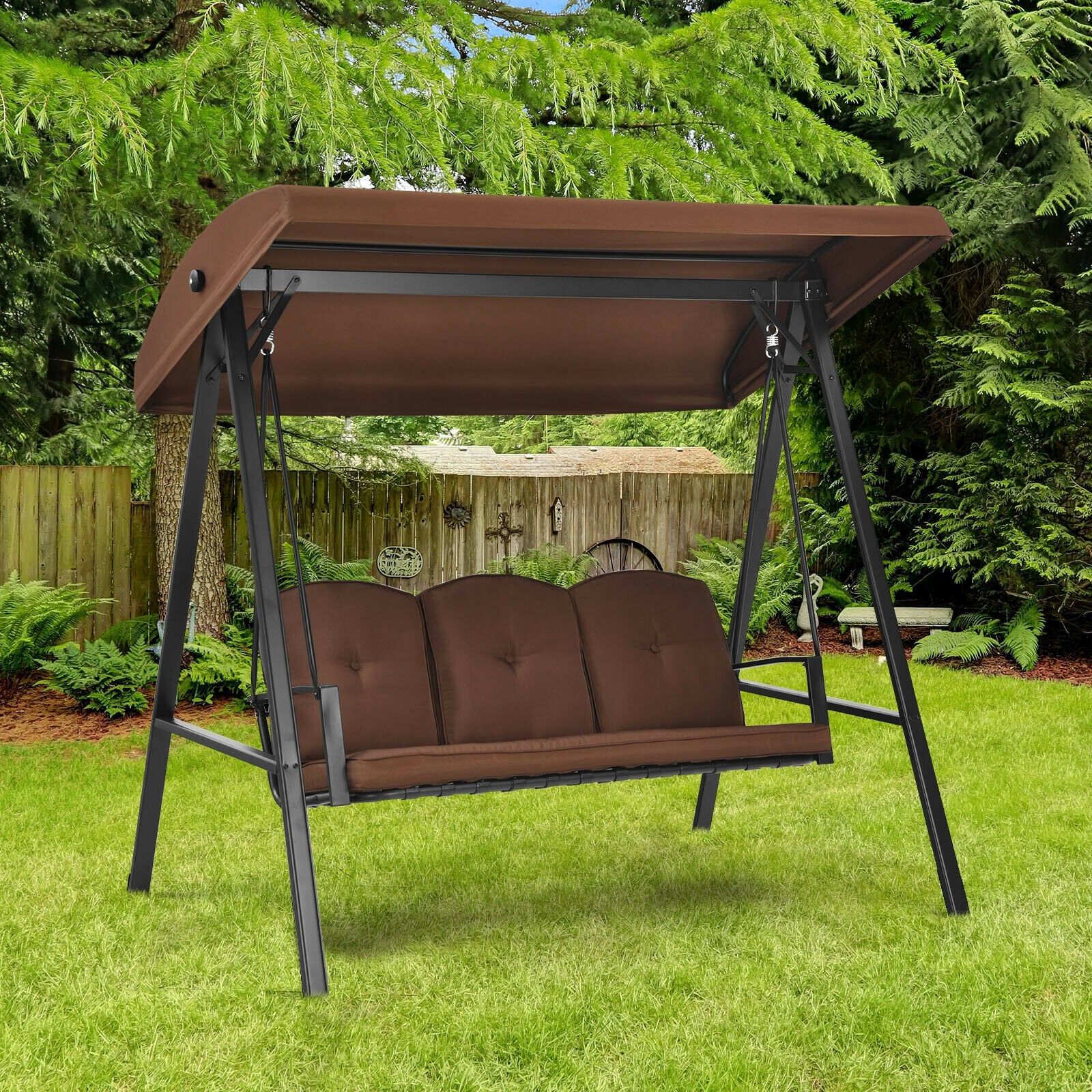 3-Seat Porch Swing, Adjustable Canopy, Cushions, Brown Porch Swings at Gallery Canada