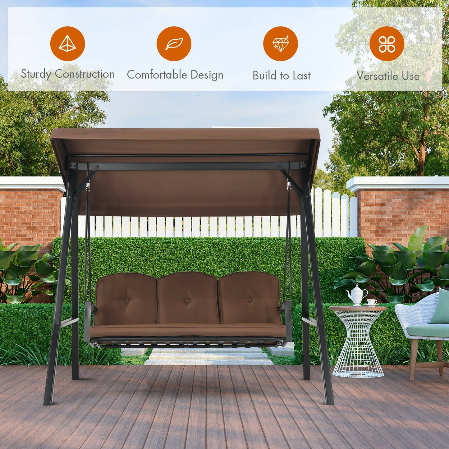 3-Seat Porch Swing, Adjustable Canopy, Cushions, Brown Porch Swings at Gallery Canada