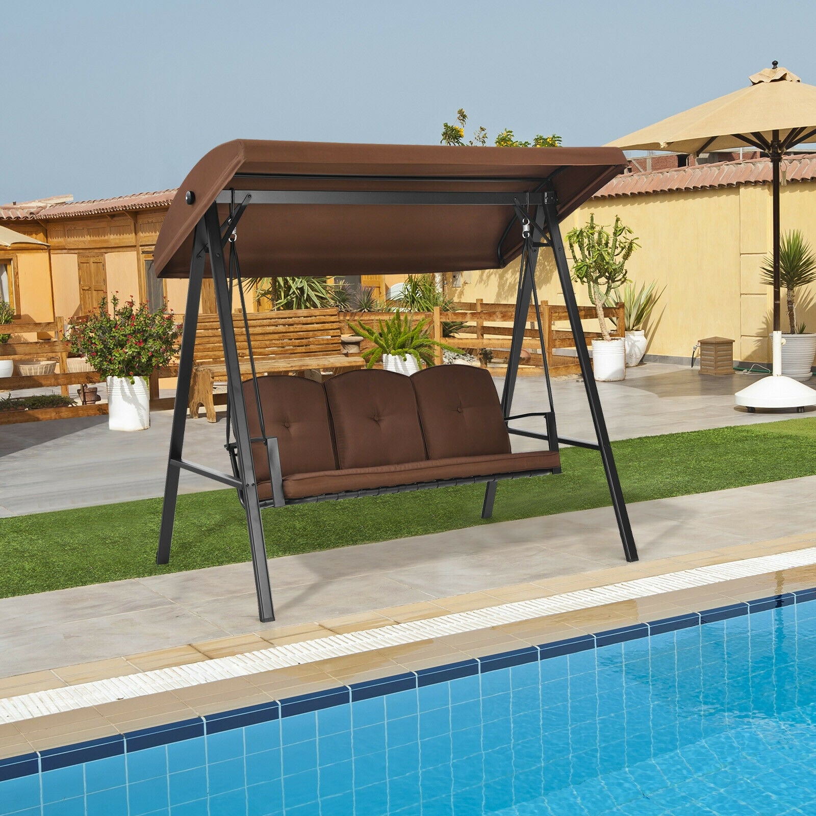 3-Seat Porch Swing, Adjustable Canopy, Cushions, Brown Porch Swings at Gallery Canada