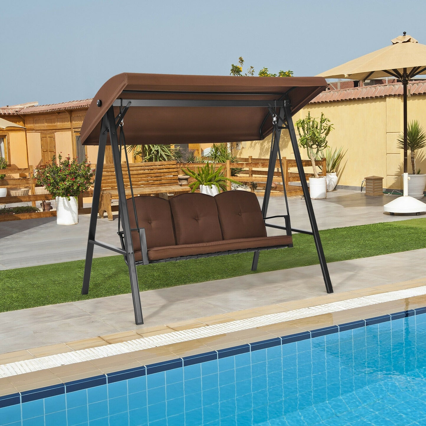 3-Seat Porch Swing, Adjustable Canopy, Cushions, Brown Porch Swings at Gallery Canada