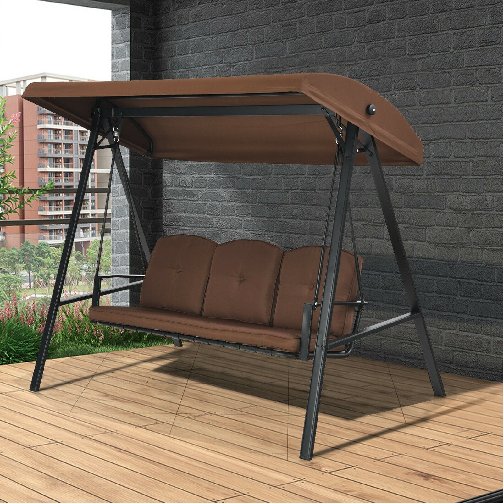 3-Seat Porch Swing, Adjustable Canopy, Cushions, Brown Porch Swings at Gallery Canada