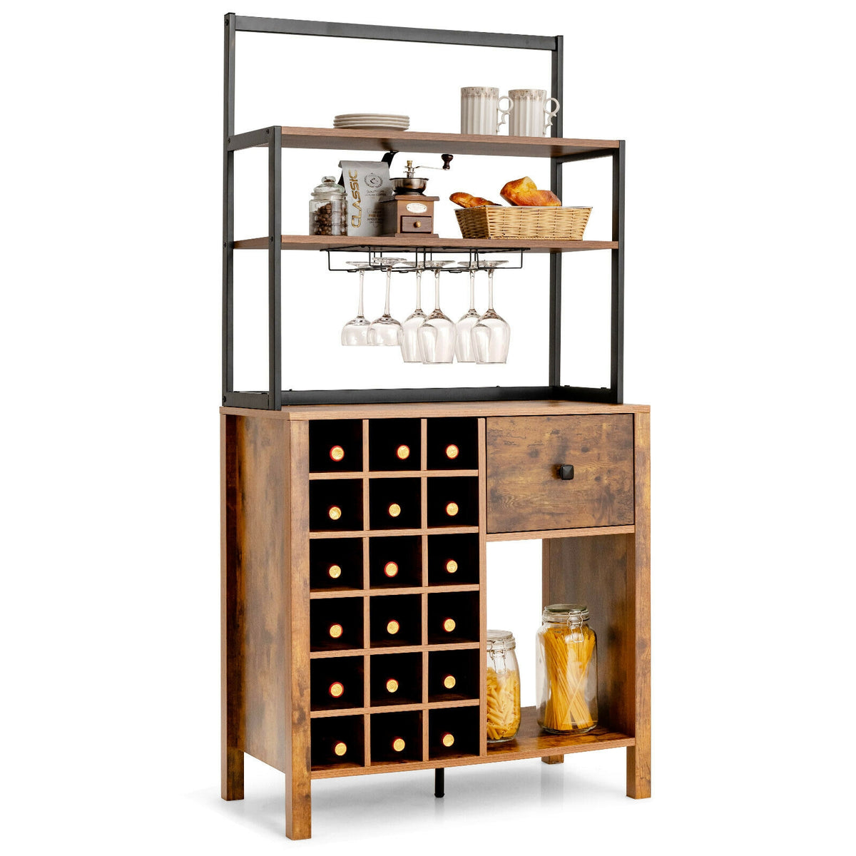 Kitchen Bakers Rack With Wine Rack, Glass Holder, Drawer, Rustic Brown Wine Racks at Gallery Canada