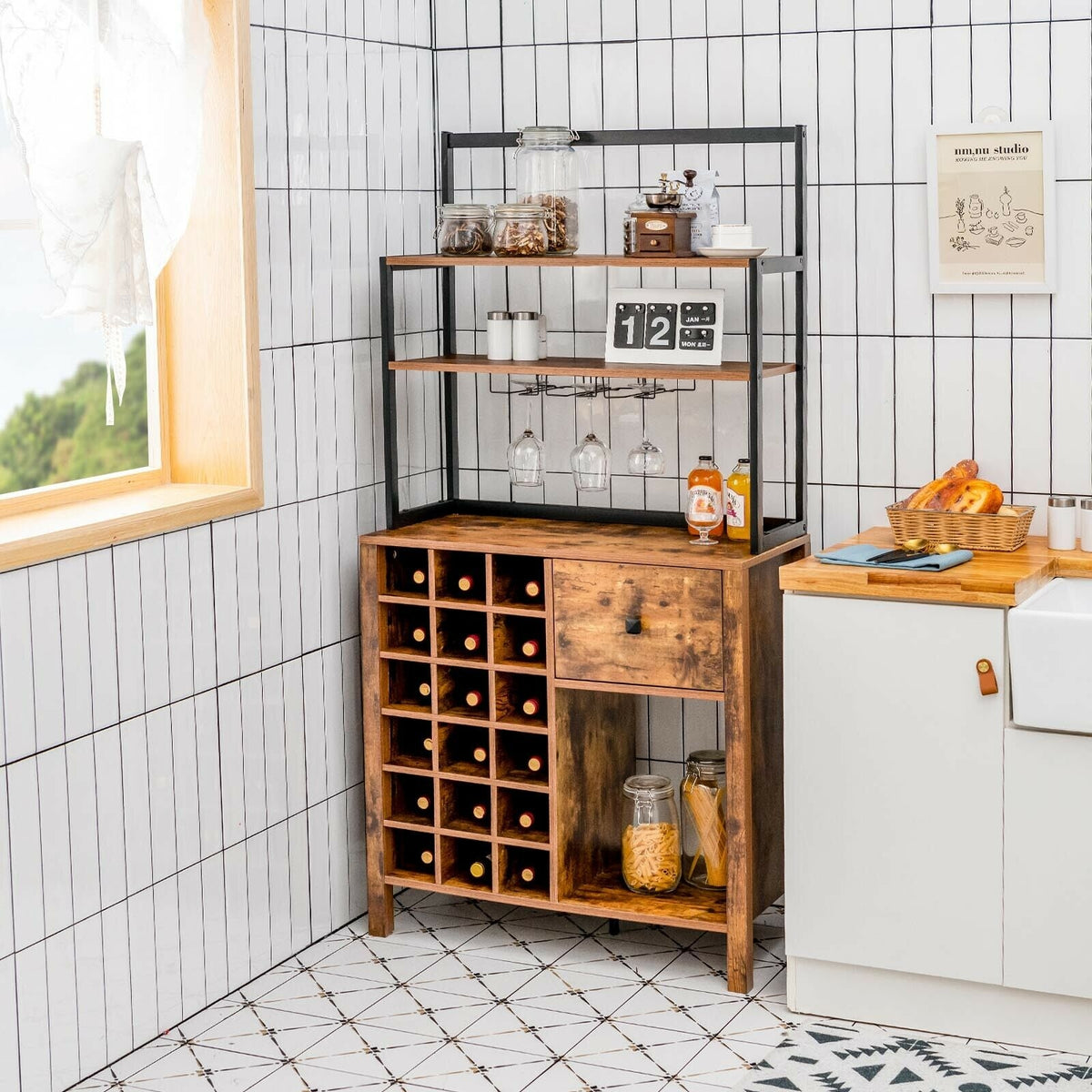 Kitchen Bakers Rack With Wine Rack, Glass Holder, Drawer, Rustic Brown Wine Racks at Gallery Canada