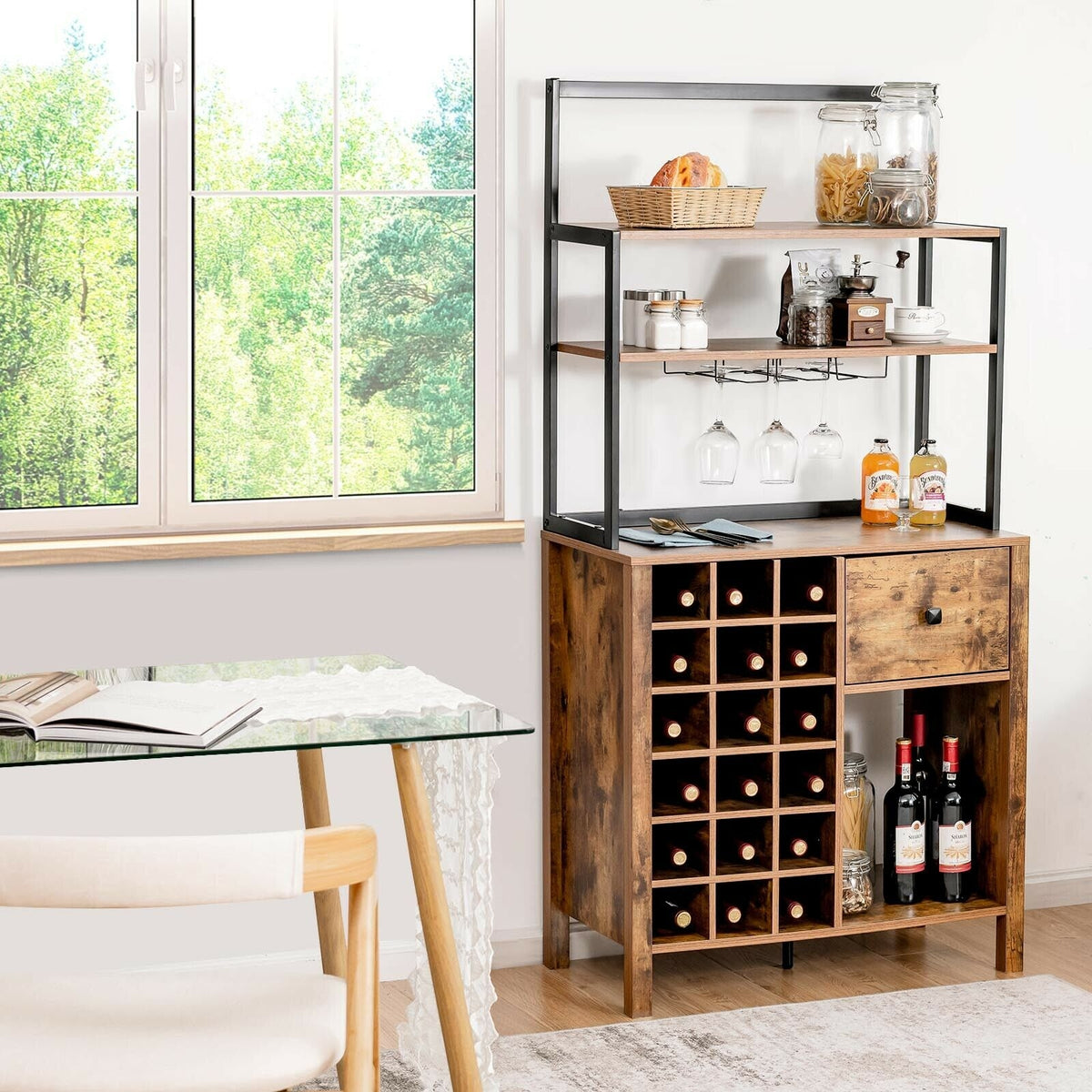 Kitchen Bakers Rack With Wine Rack, Glass Holder, Drawer, Rustic Brown Wine Racks at Gallery Canada