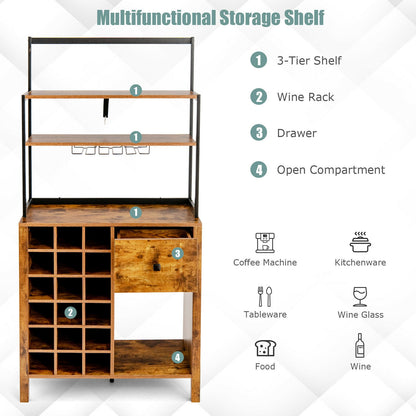 Kitchen Bakers Rack With Wine Rack, Glass Holder, Drawer, Rustic Brown Wine Racks at Gallery Canada