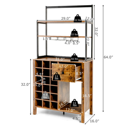 Kitchen Bakers Rack With Wine Rack, Glass Holder, Drawer, Rustic Brown Wine Racks at Gallery Canada