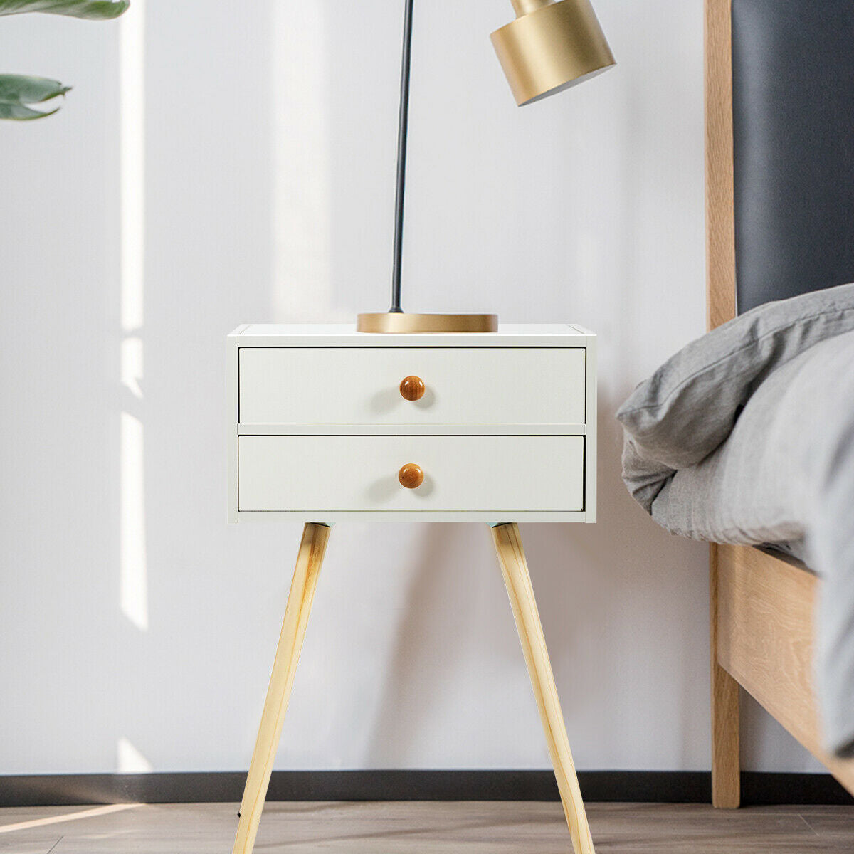 Mid Century Modern Nightstand, 2 Drawers, Natural White Nightstands at Gallery Canada
