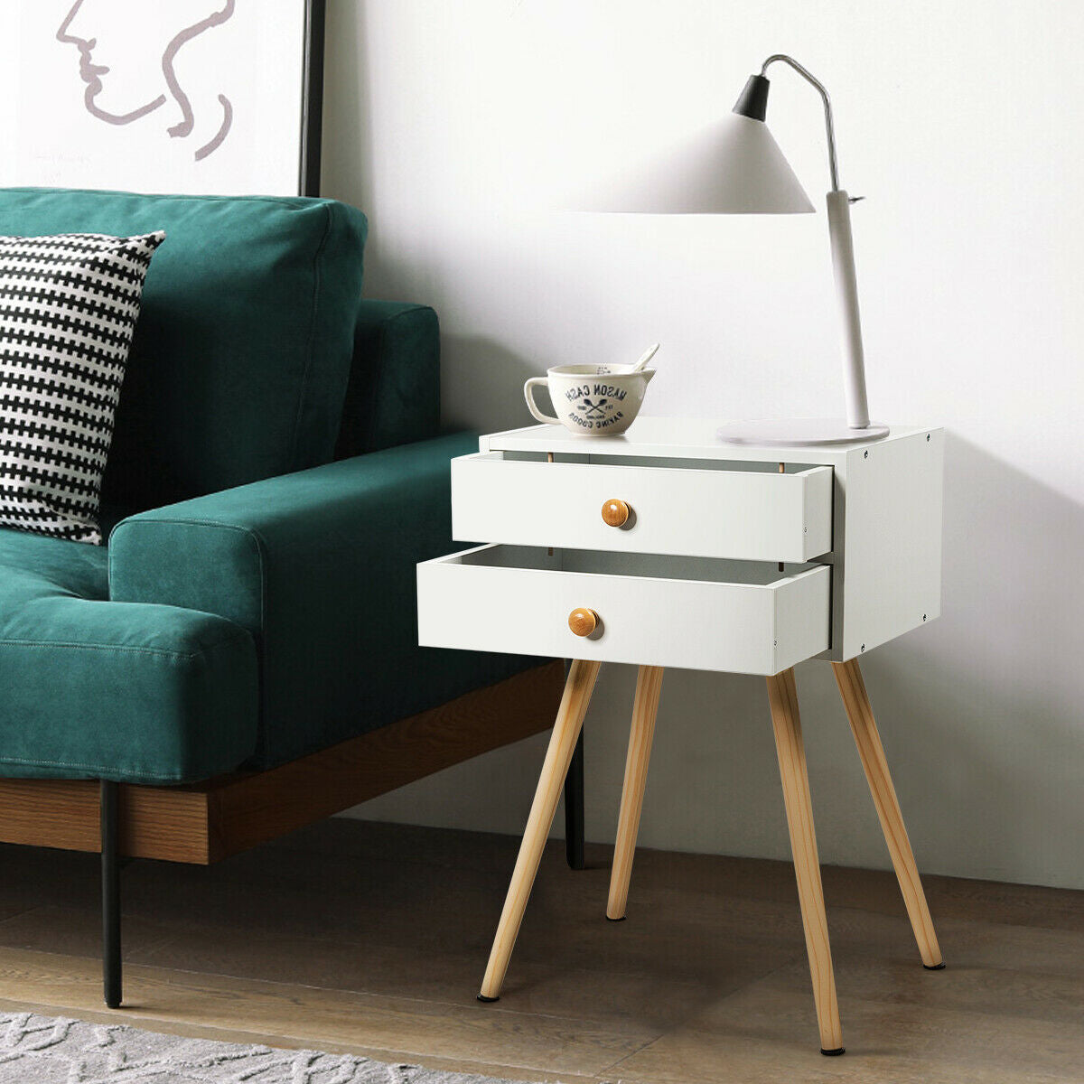 Mid Century Modern Nightstand, 2 Drawers, Natural White Nightstands at Gallery Canada