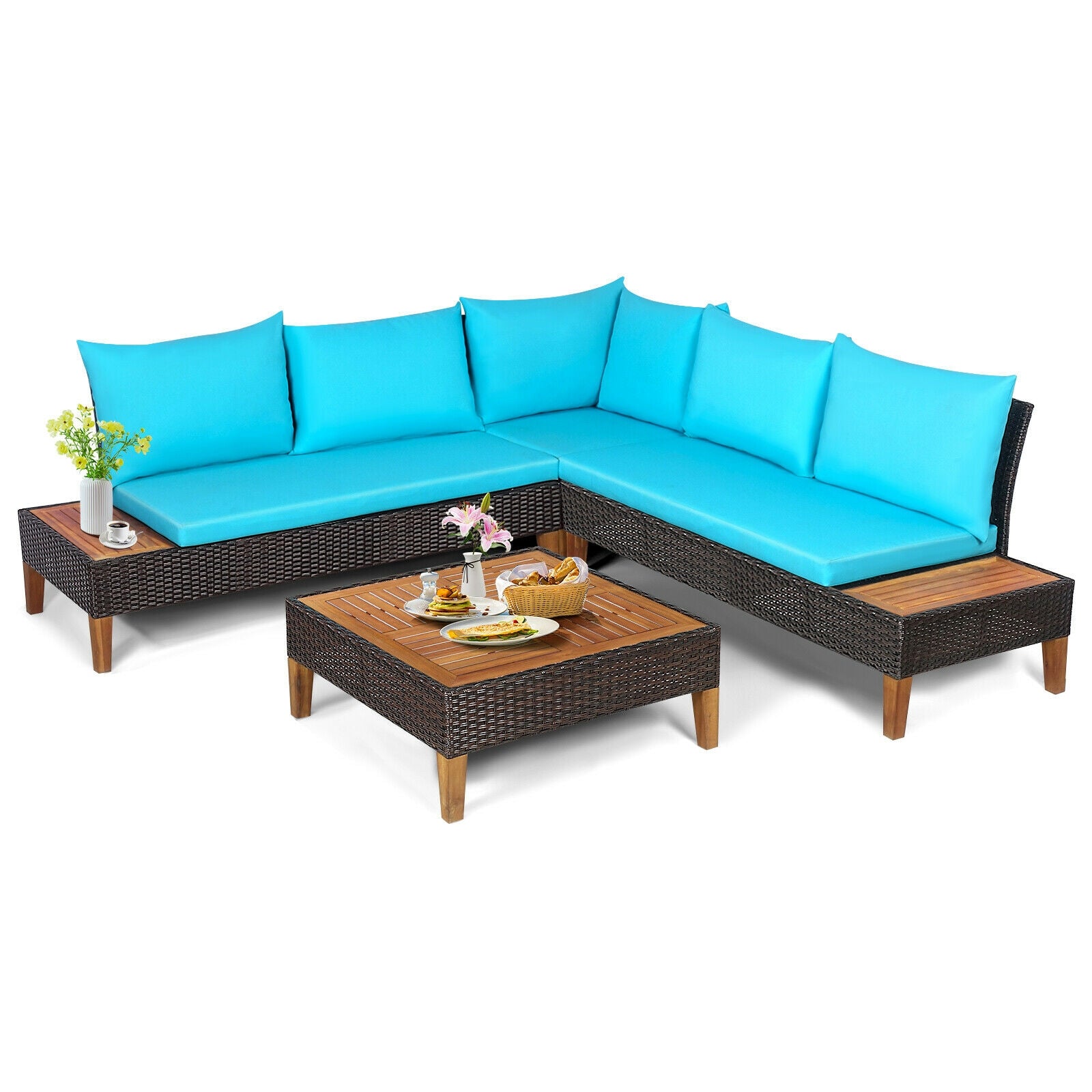 4 Piece Patio Rattan Furniture Set, Wooden Side Table, Turquoise Outdoor Sectionals at Gallery Canada