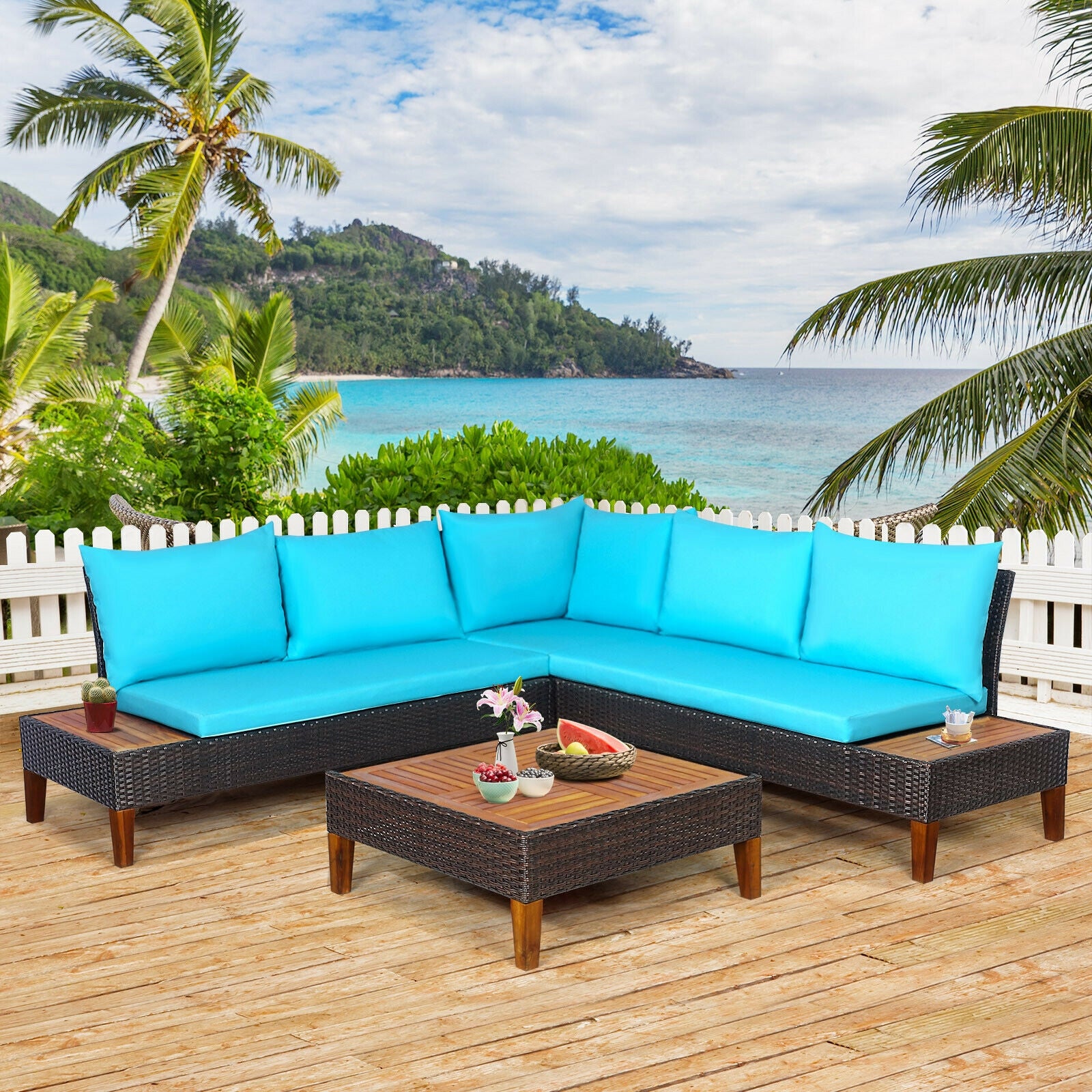 4 Piece Patio Rattan Furniture Set, Wooden Side Table, Turquoise Outdoor Sectionals at Gallery Canada