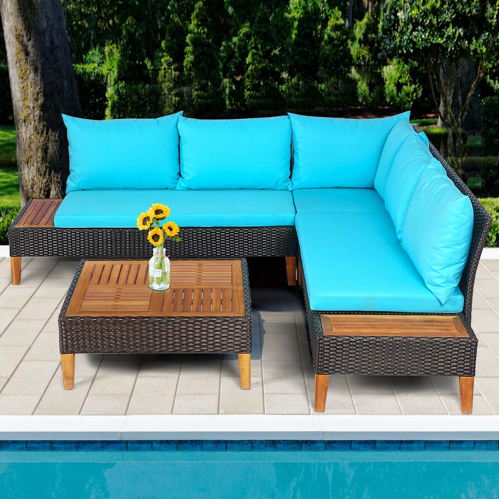 4 Piece Patio Rattan Furniture Set, Wooden Side Table, Turquoise Outdoor Sectionals at Gallery Canada